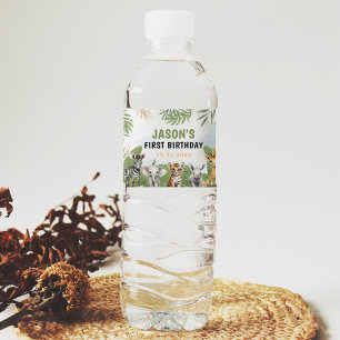 Safari Wild One 1st Boy Verjaardag Waterfles Etiket