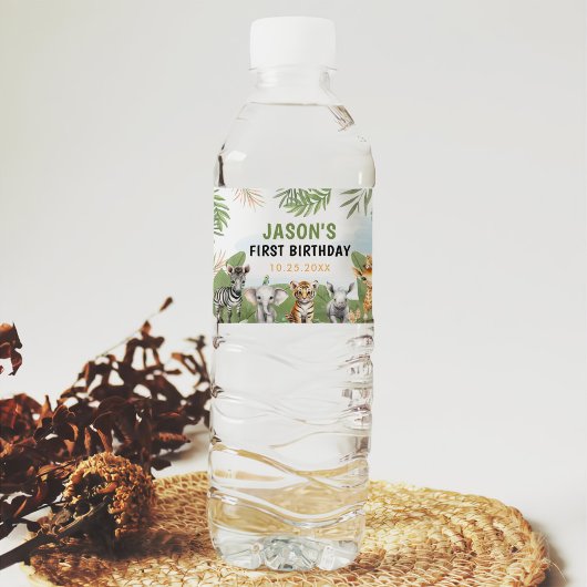 Safari Wild One 1st Boy Verjaardag Waterfles Etiket