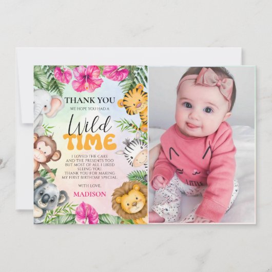 Safari Wild One 1st Girl Verjaardagsfoto Bedankkaart (Voorkant)