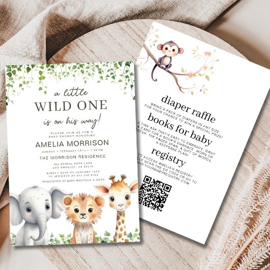 Safari Wild One All in One QR Code Baby shower Kaart