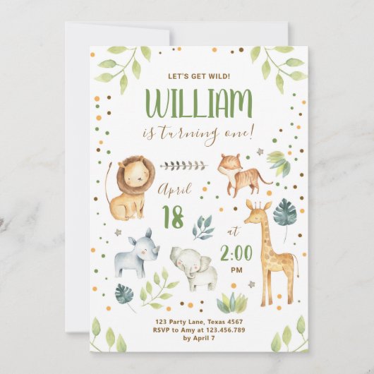 Safari Wild One Animals Oerwoud Zoo Boy Birthday Kaart (Voorkant)