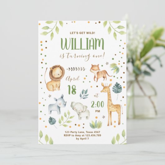 Safari Wild One Animals Oerwoud Zoo Boy Birthday Kaart (Staand voorkant)