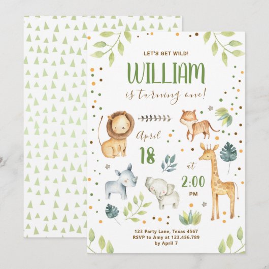 Safari Wild One Animals Oerwoud Zoo Boy Birthday Kaart (Voorkant / Achterkant)