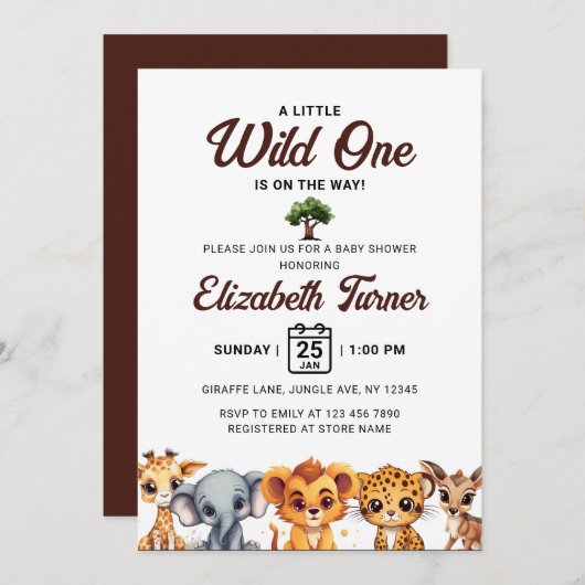 Safari Wild One Baby Dieren Baby shower Kaart (Voorkant / Achterkant)