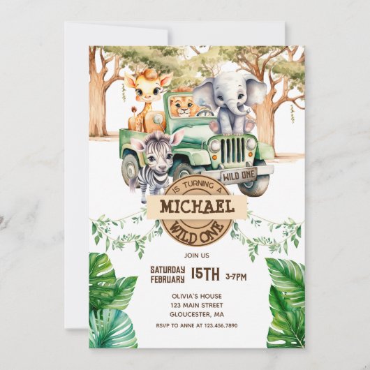 Safari Wild One Birthday Invitation Kaart (Voorkant)