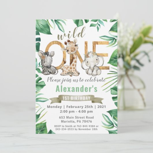 Safari Wild One Birthday Party Invitation Kaart (Staand voorkant)