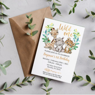 Safari Wild One Birthday Party Invitation Kaart