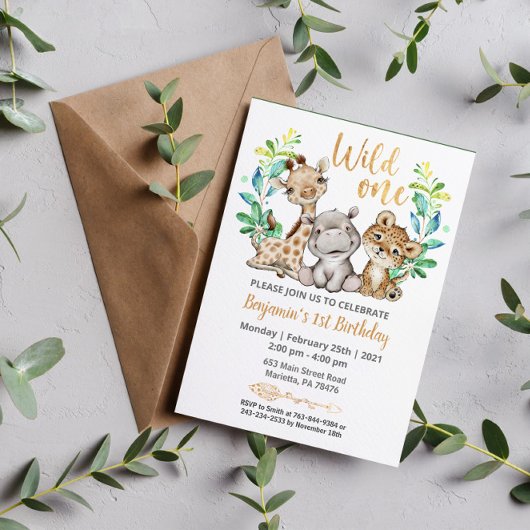 Safari Wild One Birthday Party Invitation Kaart