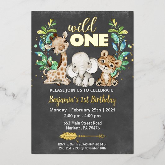 Safari Wild One Birthday Party Real Folie Uitnodiging (Voorkant)