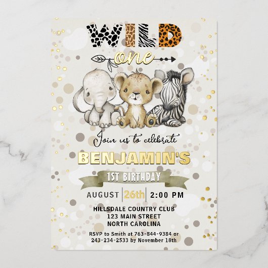 Safari Wild One Birthday Party Real Gold Foil Folie Uitnodiging (Voorkant)
