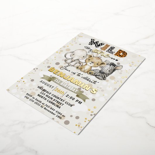 Safari Wild One Birthday Party Real Gold Foil Folie Uitnodiging (Gedraaid)