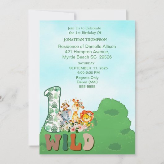 Safari Wild One Blue Green Birthday Party Kaart (Voorkant)