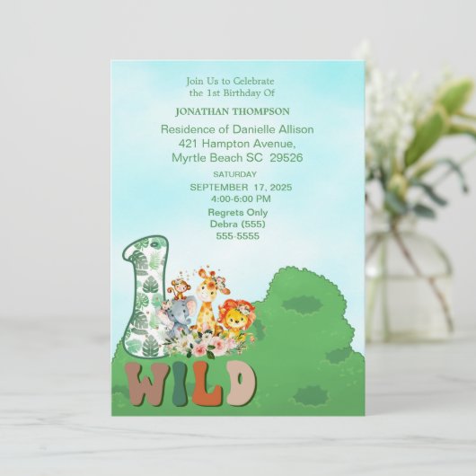 Safari Wild One Blue Green Birthday Party Kaart (Staand voorkant)