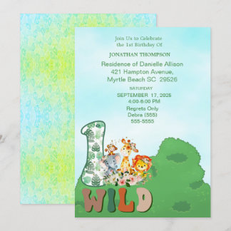 Safari Wild One Blue Green Birthday Party Kaart