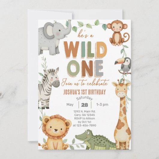 Safari Wild One boy 1e verjaardag uitnodigen. Kaart (Voorkant)