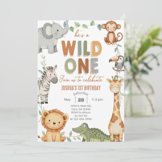 Safari Wild One boy 1e verjaardag uitnodigen. Kaart (Staand voorkant)