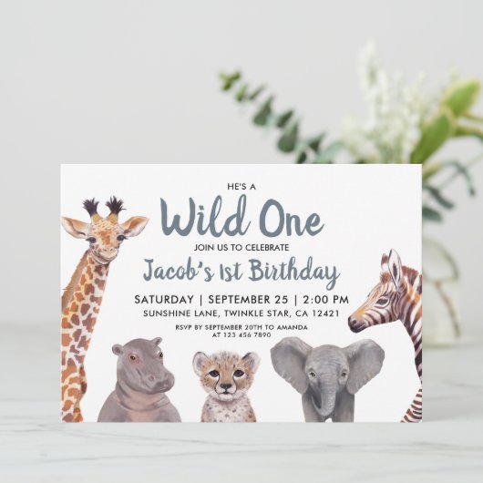 Safari Wild One Boy 1st Birthday Kaart (Staand voorkant)