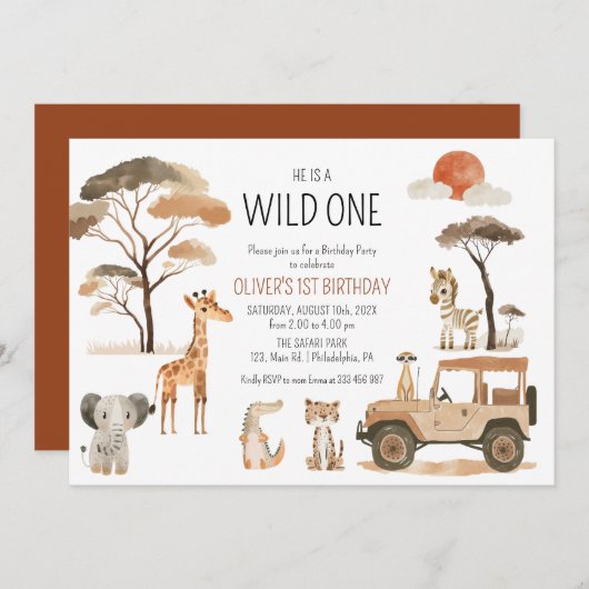 Safari Wild One Boy 1st Birthday Save The Date (Voorkant / Achterkant)
