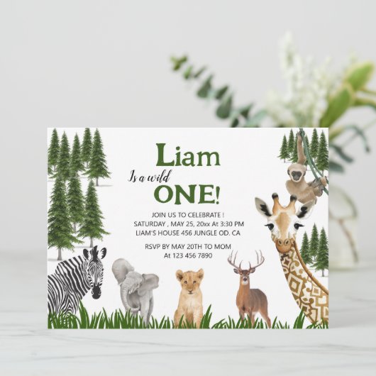 Safari Wild One Boy 1st Birthday Uitnodiging (Staand voorkant)