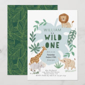 Safari Wild One Boy 1st Birthday Uitnodiging (Voorkant / Achterkant)