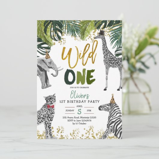 Safari Wild One First Birthday Invitation Kaart (Staand voorkant)