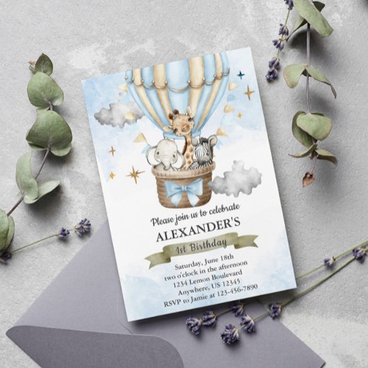 Safari Wild One Hot Air Balloon Birthday Party Kaart