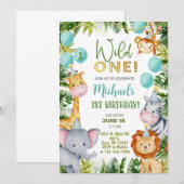 Safari Wild One jongen 1e verjaardag uitnodiging. Kaart (Voorkant / Achterkant)