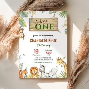 Safari Wild One   Jungle Dierenbaby's 1e Verjaarda Kaart