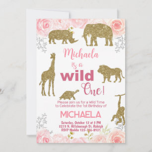Safari Wild One meisje 1e verjaardag uitnodiging. Kaart