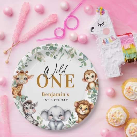Safari Wild One | Oerwoud Dieren 1e Verjaardag Papieren Bordje (Feest)