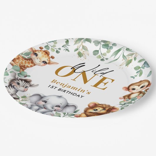 Safari Wild One | Oerwoud Dieren 1e Verjaardag Papieren Bordje (Gekanteld)