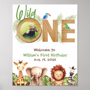 Safari Wild One Photo Wood First Birthday Welkom Poster