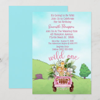 Safari Wild One Pink Girls Birthday Party Kaart