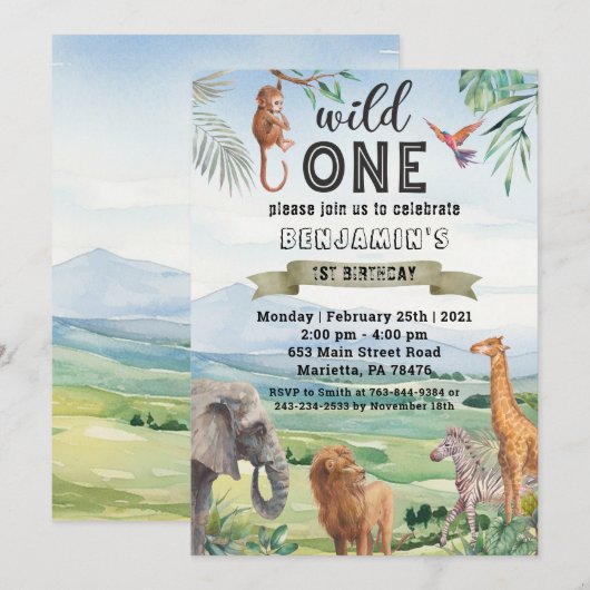 Safari Wild One Twins Uitnodiging voor verjaardags (Voorkant / Achterkant)