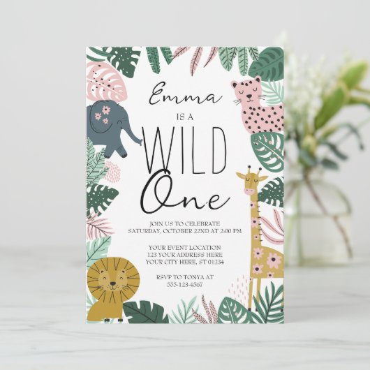 Safari Wild One Uitnodiging, Oerwoud Eerste Verjaa Kaart (Staand voorkant)