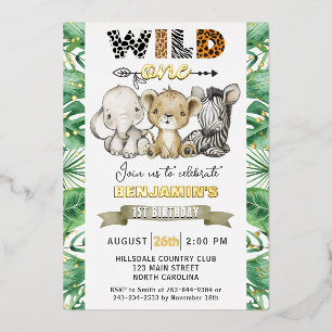 Safari Wild One Verjaardagsfeest Real Gouden Folie Uitnodiging