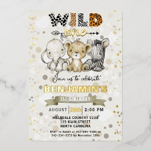 Safari Wild One Verjaardagsfeestje Echt Goud Folie Uitnodiging