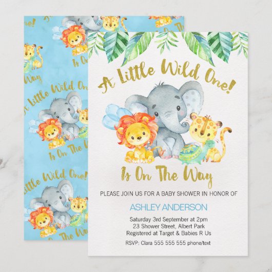 Safari Wild One Waterverf Baby shower Invitation Kaart (Voorkant / Achterkant)