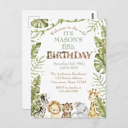 Safari Wild One Waterverf Verjaardag Briefkaart (Voorkant / Achterkant)