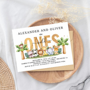 Safari Wild Ones Tweeling 1e Verjaardagsuitnodigin Briefkaart