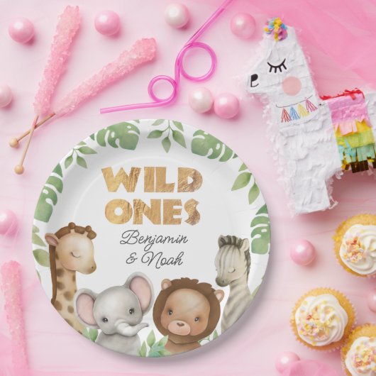 Safari Wild Ones Twins 1e Verjaardag Papieren Bordje (Feest)