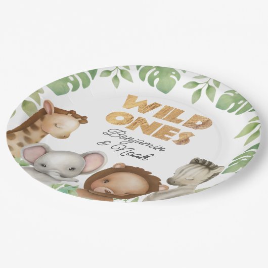Safari Wild Ones Twins 1e Verjaardag Papieren Bordje (Gekanteld)