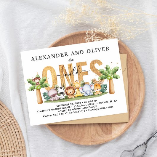 Safari Wild Ones Twins 1e Verjaardag Uitnodiging