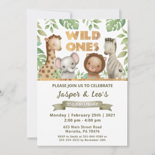 Safari Wild Ones Twins Uitnodiging voor verjaardag (Voorkant)