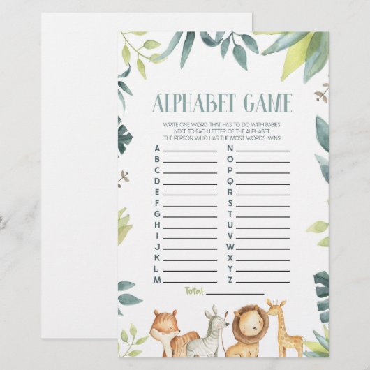 Safari Wild Zoo Dieren Alfabet Baby Shower Spel Briefpapier (Voorkant / Achterkant)
