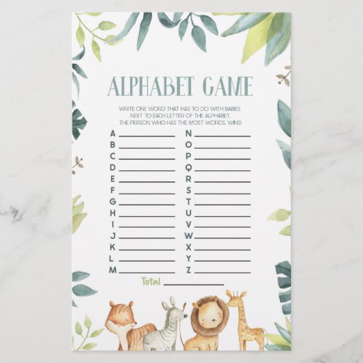 Safari Wild Zoo Dieren Alfabet Baby Shower Spel Briefpapier (Voorkant)