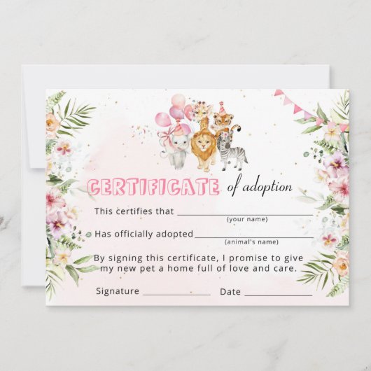 Safari Wilde Dieren Adoptie Certificaat Kaart (Voorkant)