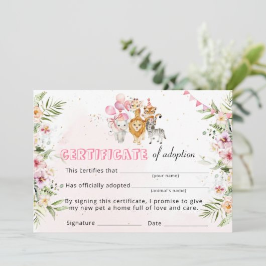Safari Wilde Dieren Adoptie Certificaat Kaart (Staand voorkant)