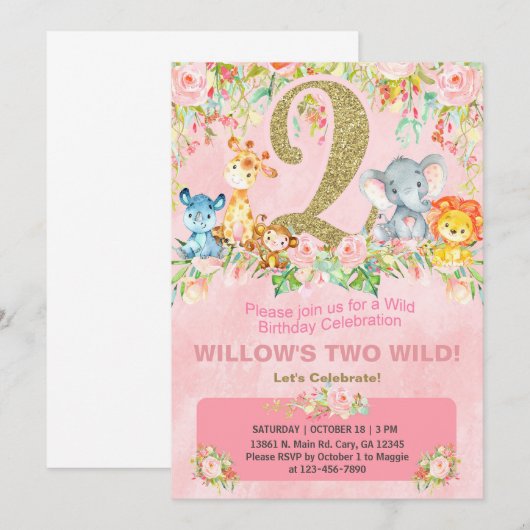 Safari wilde dieren meisje 2e verjaardag uitnodige kaart (Voorkant / Achterkant)