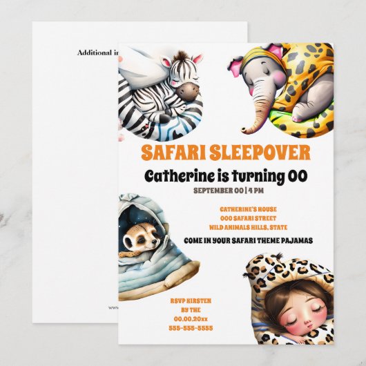 Safari wilde dieren sleepover sluimerende pyjama p kaart (Voorkant / Achterkant)